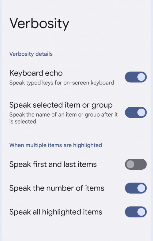 Tap Verbosity and use the toggle switches to adjust the level of spoken feedback